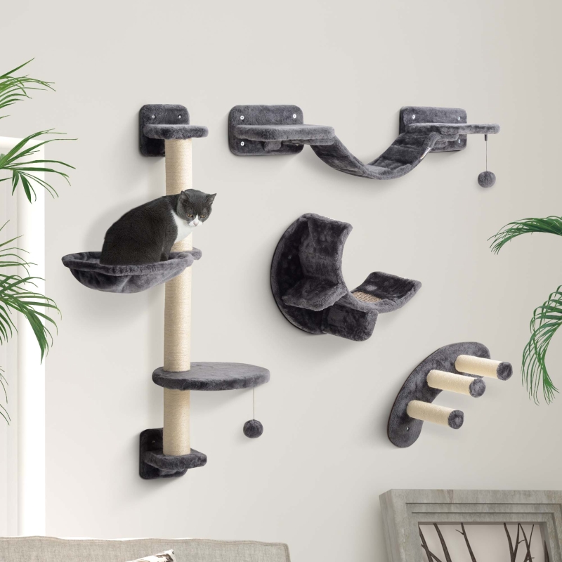 Arbre À Chat Mural 4 Pièces Avec Hamac Et Pont, Gris Foncé, Pour Chats Jusqu'à 5 Kg