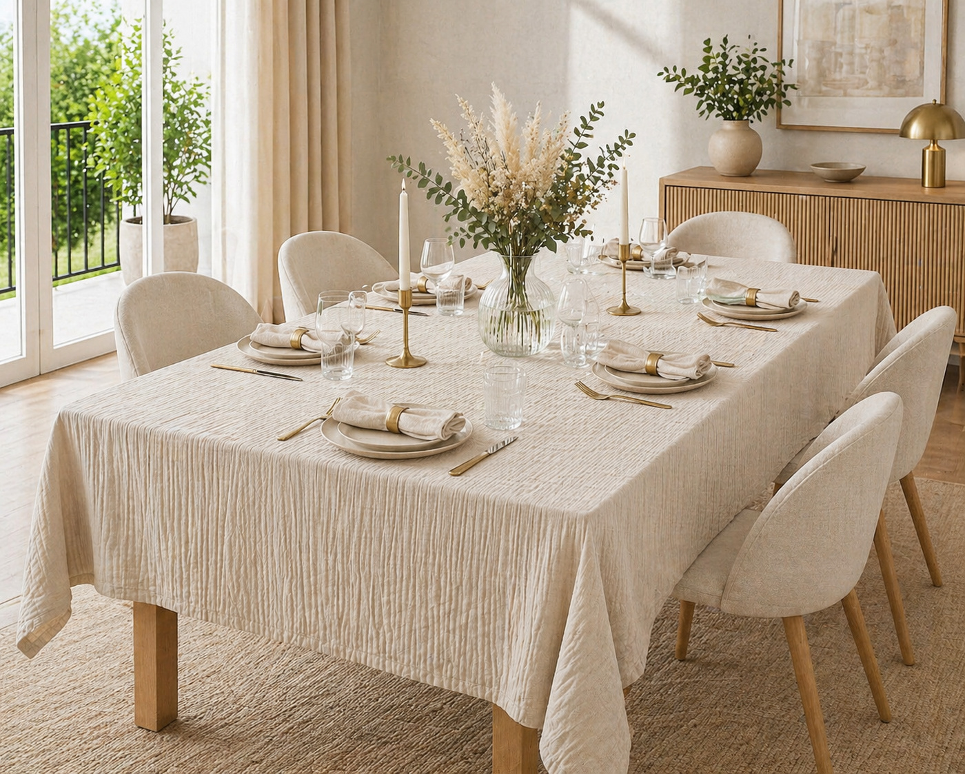 Nappe Rectangle 150 X 350 Cm + 6 Serviettes De Table - Double Gaze De Coton Gaïa Pampa