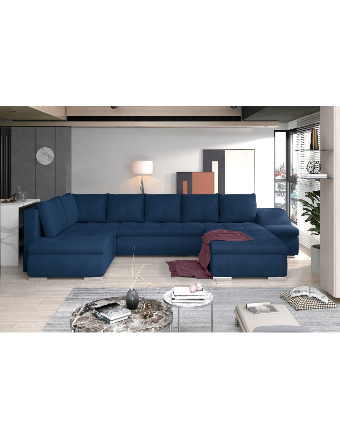 Canapé Panoramique Gyovani Bleu Marine Angle Droit Convertible 6 Places
