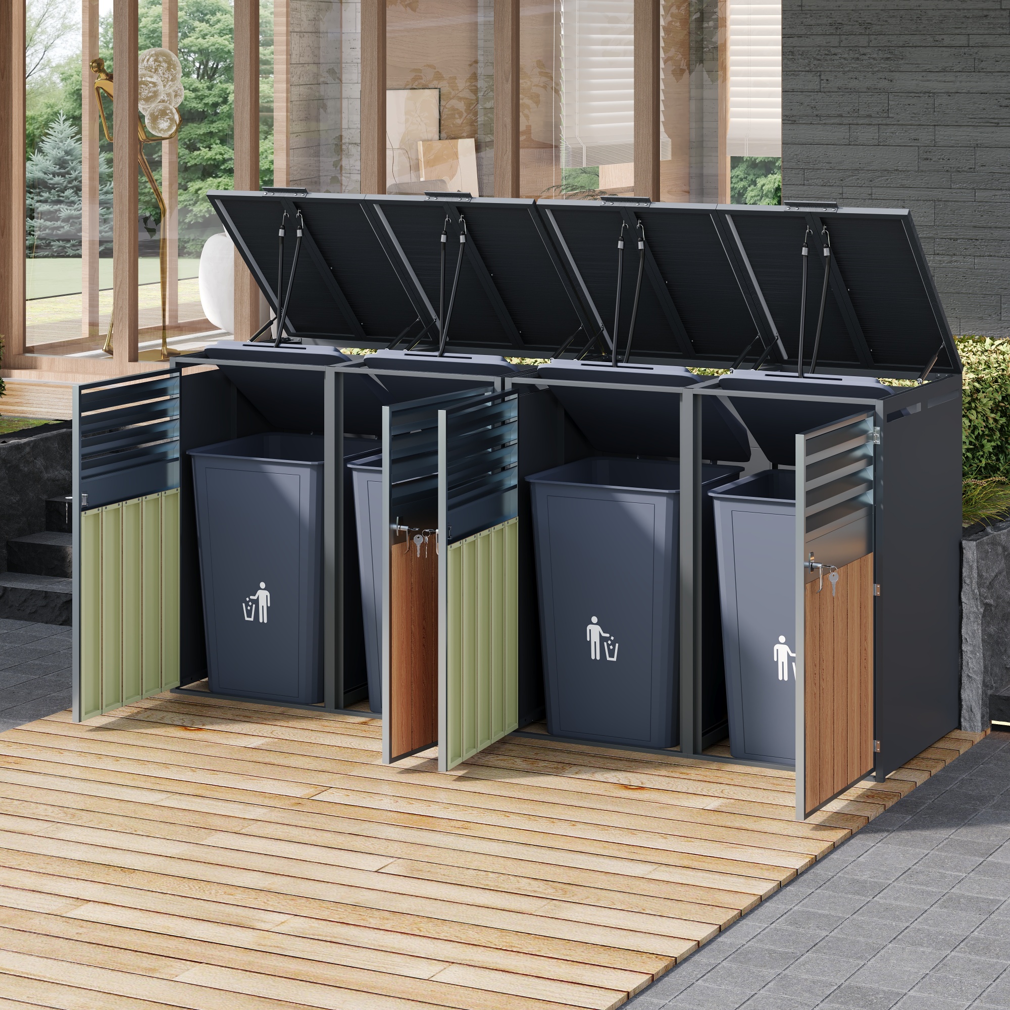 Redom Abri Cache-poubelles 4 Compartiments, Couvercle Rabattable Hydraulique, Portes Verrouillables, Acier Gris Effet Bois