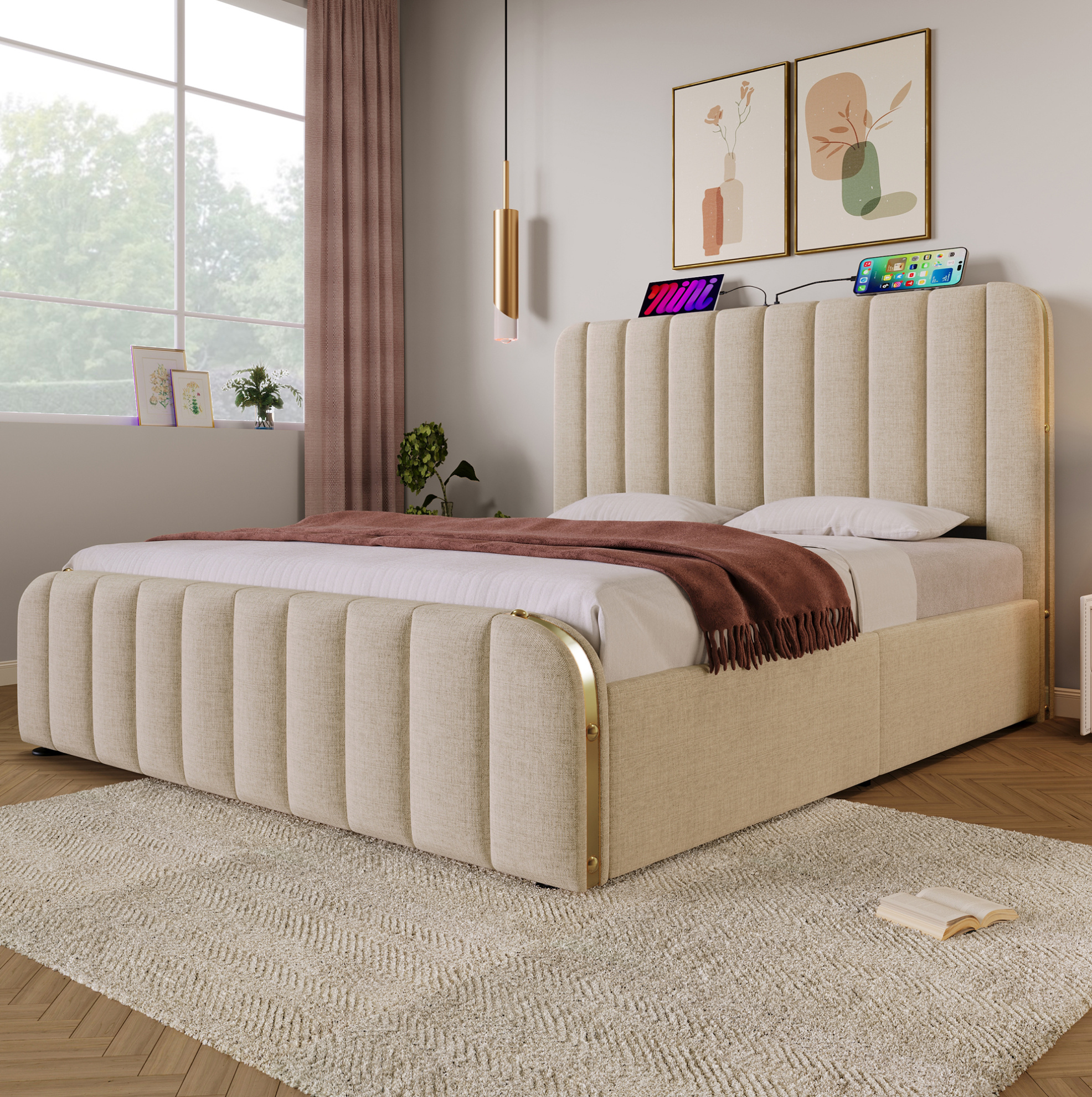 Lit Coffre Double 160x200 Cm En Lin Beige, Tête De Lit Rembourrée, Usb Type-c