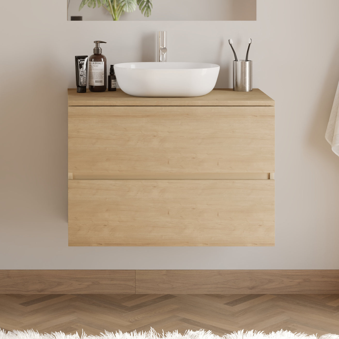 Meuble De Salle De Bain 80cm Avec Plateau Et Vasque À Poser Arrondie - 2 Tiroirs - Sans Miroir - Nebraska (chêne Clair) - Ida