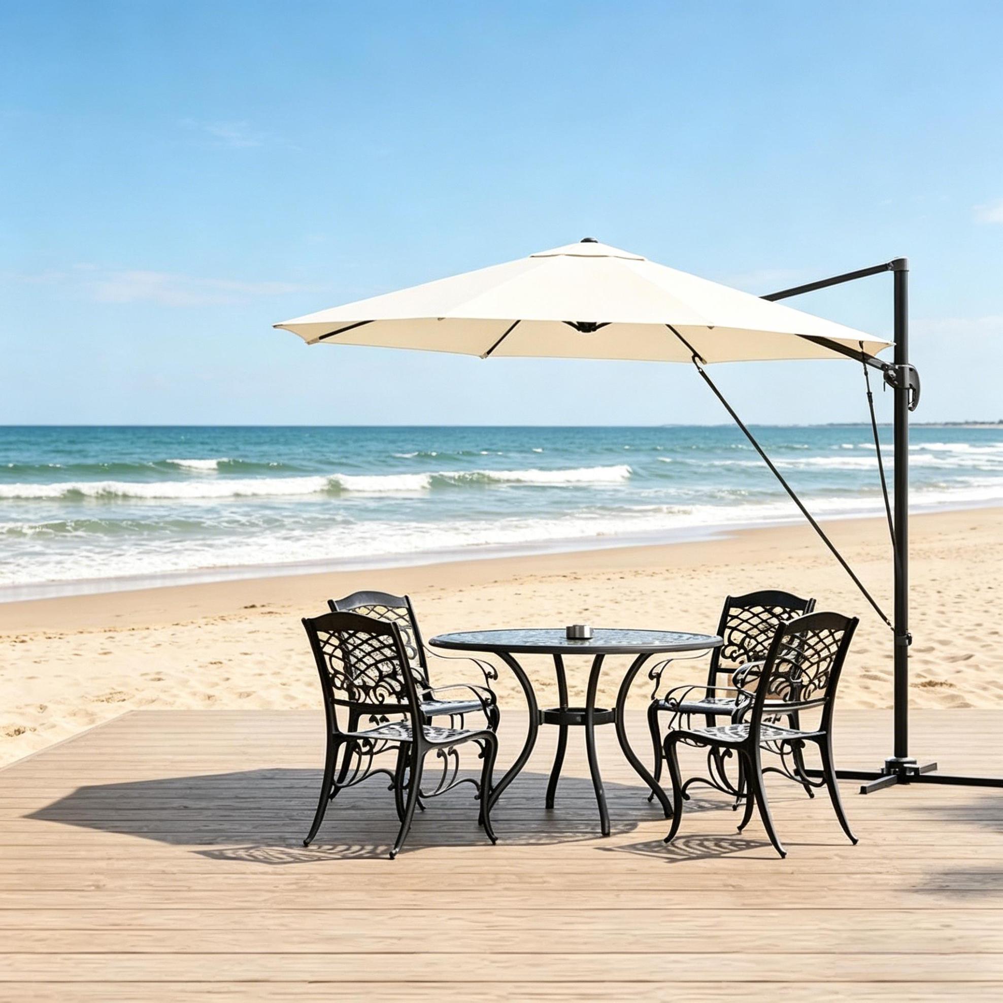 Parasol Déporté Rond Pour Balcon, Ø 3 M, Métal Et Polyester, Beige, Avec Base Croisée, Redom