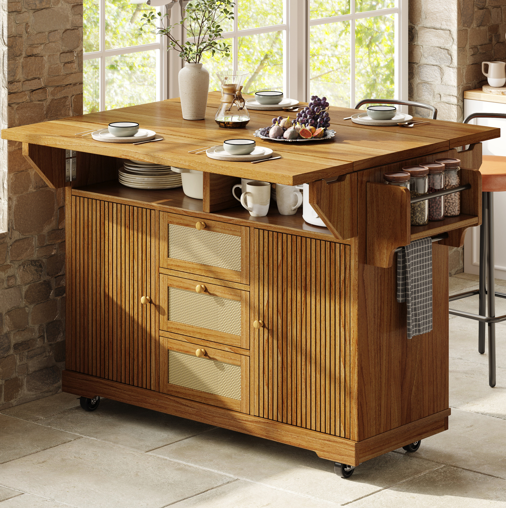 Chariot De Cuisine Pliable 95 Cm, Îlot Mobile, Tiroirs En Rotin Pe, Brun Foncé, Redom