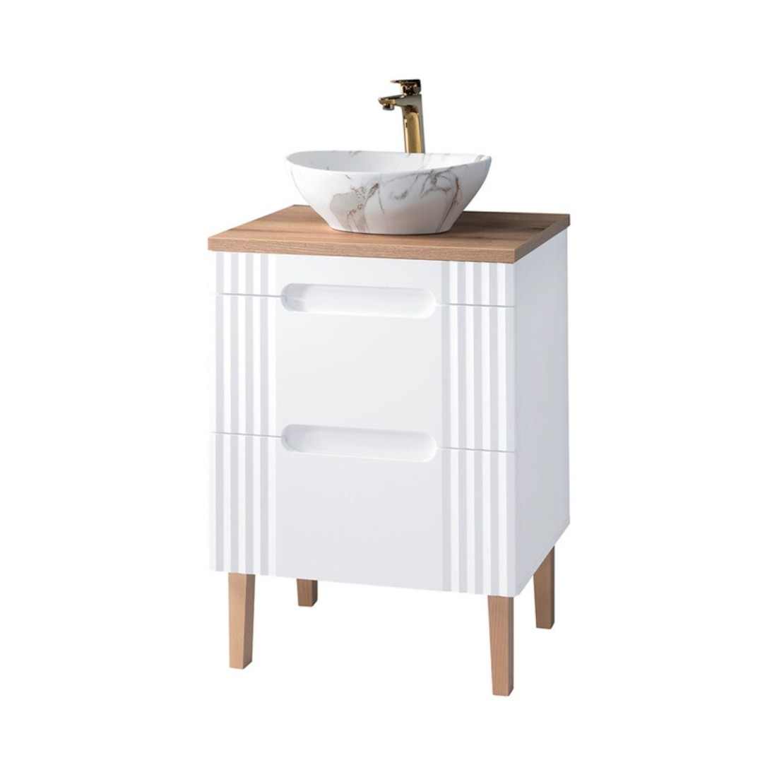 Ensemble De Salle De Bain Fidji: Meuble Sous Vasque 60cm + Plan Pour Vasque + Vasque À Poser Ovale Asymétrique + Pieds