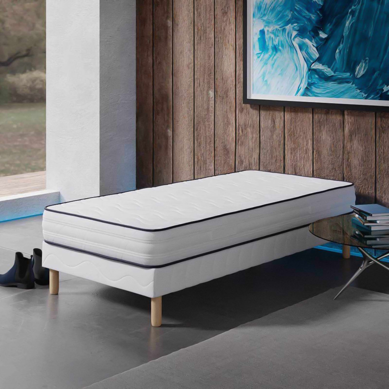 Mobilier Deco - Ensemble Sommier Tapissier Et Matelas 90x190 Cm - Couchage Ferme - Épaisseur 20 Cm - Tissu Coton/polyester Traité Antibactérien