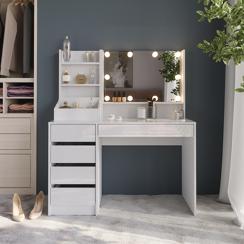 Coiffeuse Sherry, Blanc/blanc Haute Brillance, 119.8cm Avec Miroir, Vicco