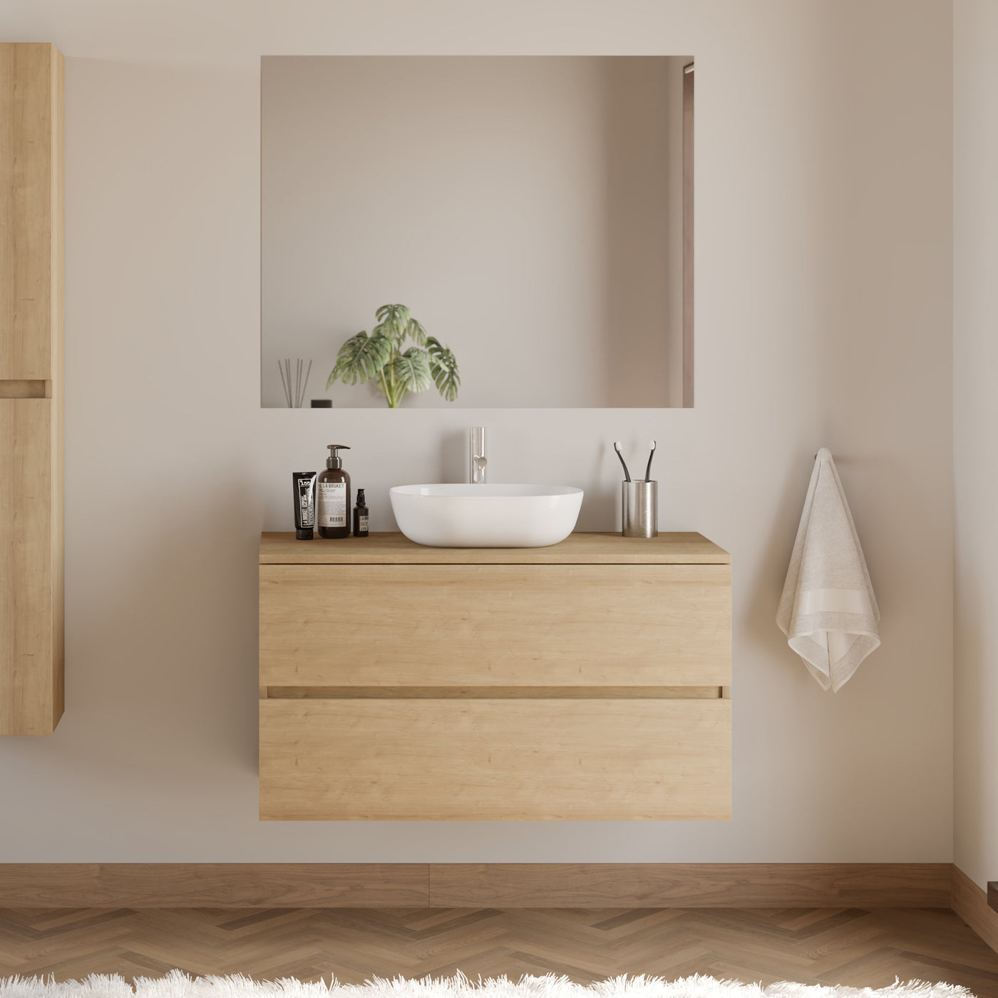 Meuble De Salle De Bain 100cm Avec Plateau Et Vasque À Poser Arrondie - 2 Tiroirs - Nebraska (chêne Clair) - Ida