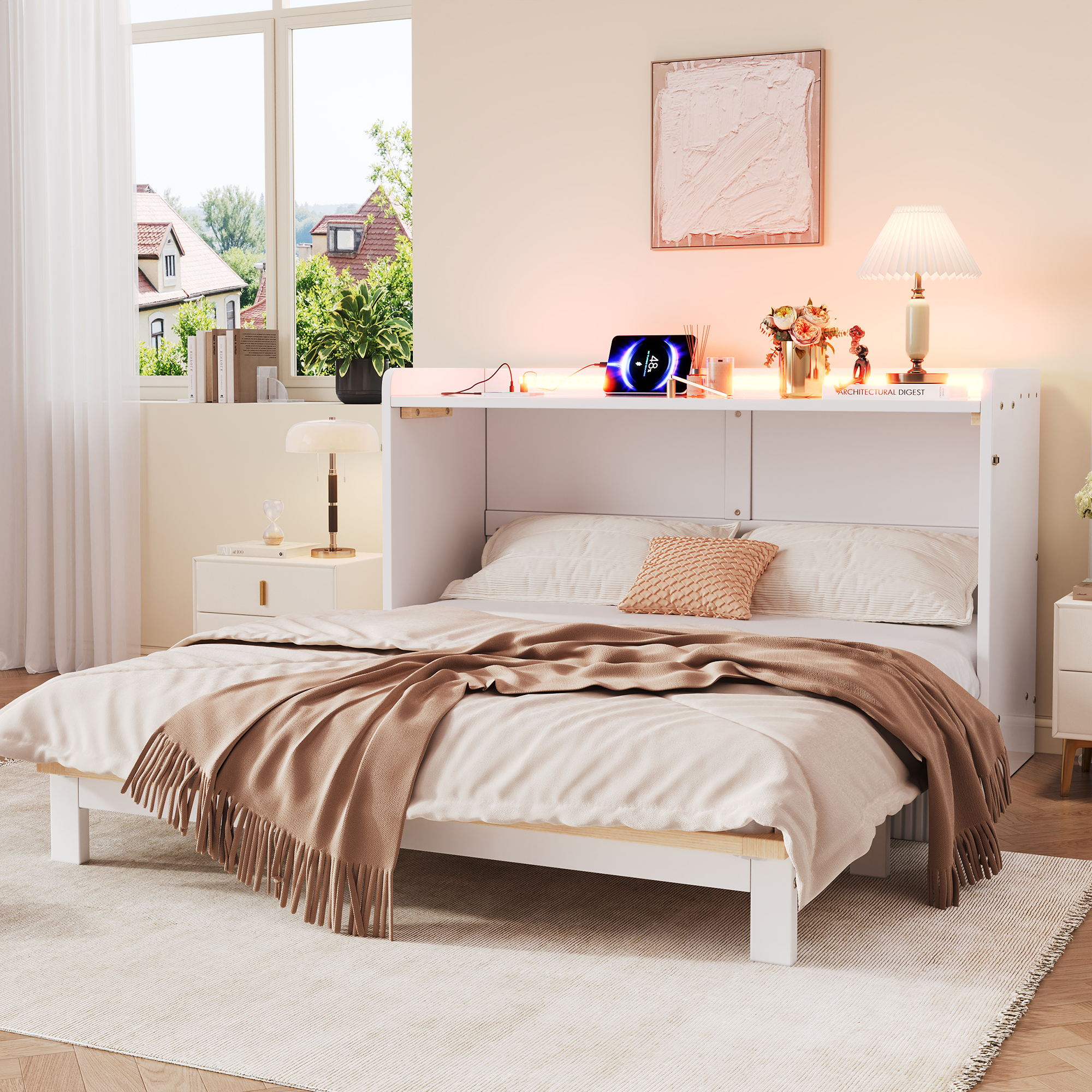 Redom Lit Double 140x200 Cm Avec Led Usb Prise Et Tiroirs En Mdf Et Bois De Pin Blanc (sans Matelas)