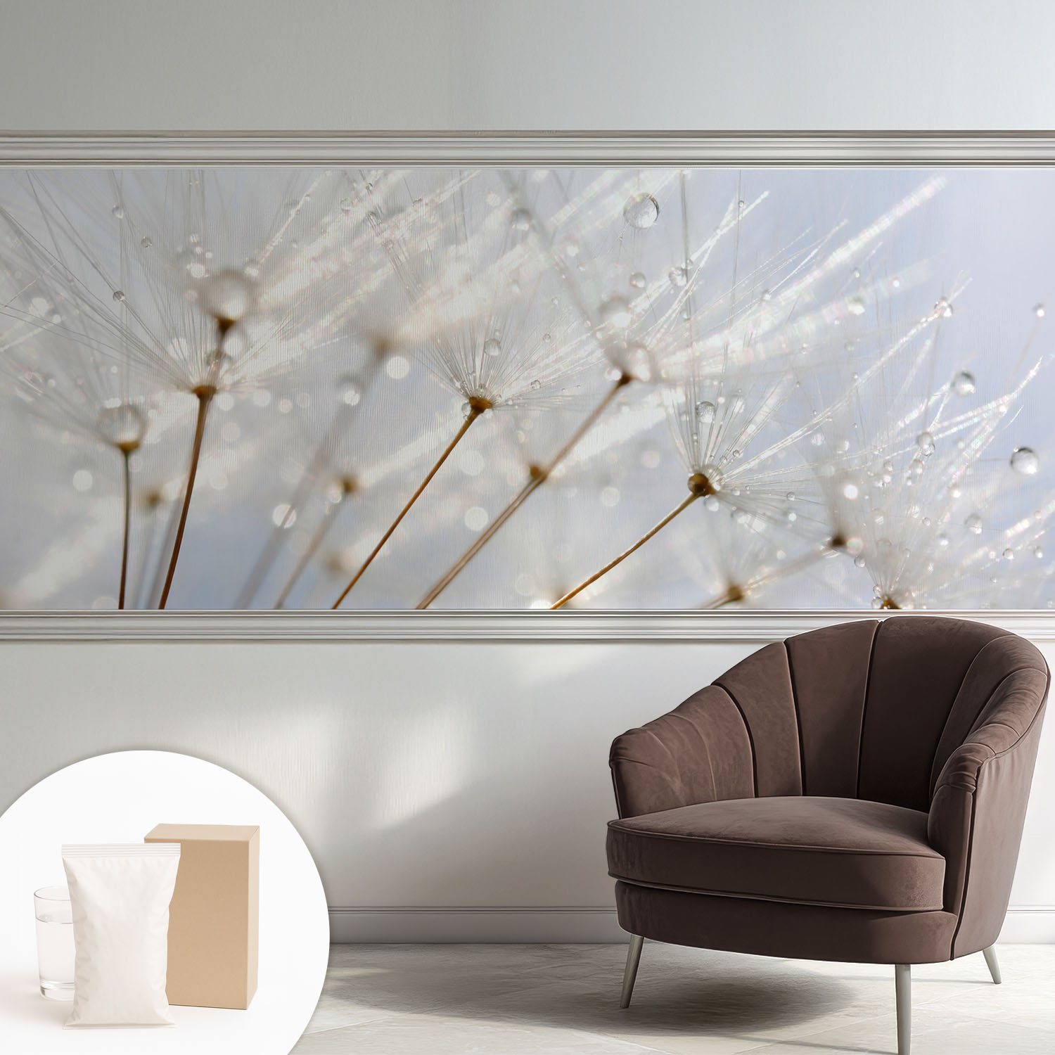 Papier Peint Intissé Mural Avec Imprimé Motifs Uniques Apparence Moderne - Colle Incluse Gratuite Pissenlit Couvert De Rosée 250x104 Cm