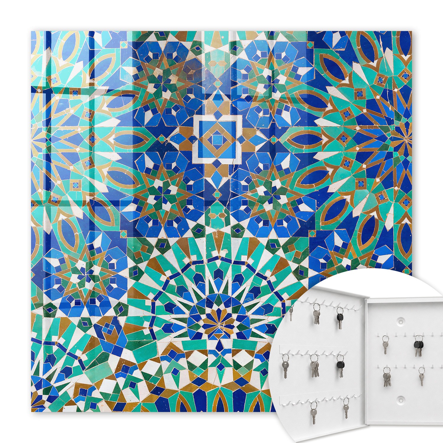 Armoire À Clés - (30 Cm X 30 Cm) - Boîte À Clés Murale - Coffret De Rangement Pour Clés - Couleur Blanche - Ouverture Vers La Gauche - Pour Maison Et Bureau - Mosaïque Géométrique