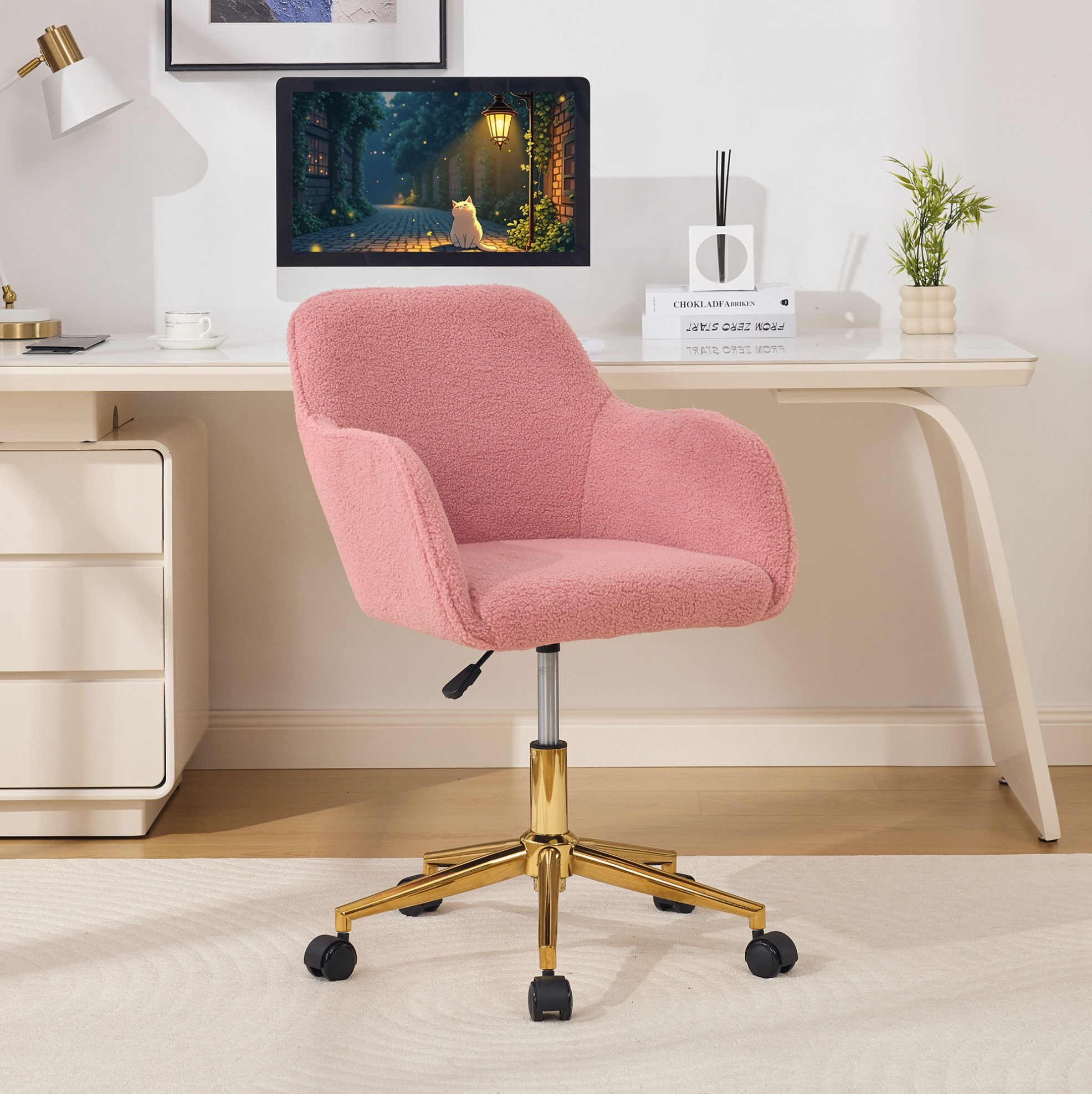 Chaise De Bureau Pivotante En Tissu Bouclette Teddy, Réglable En Hauteur, 360°, Rose, Redom