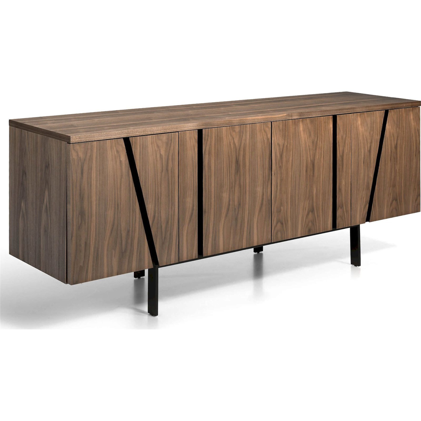 Buffet Bois De Frêne Détails Acier Peint Époxy Base Pieds Acier Peint Époxy 4 Portes - Noyer, Noir