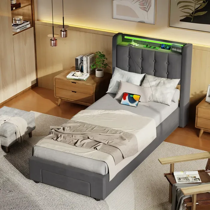 Lit Coffre 90x190cm Avec Tiroirs, 2 Prises Électriques Et 2 Ports Usb, Éclairage Led, Tissu Velours Gris Foncé (sans Matelas)