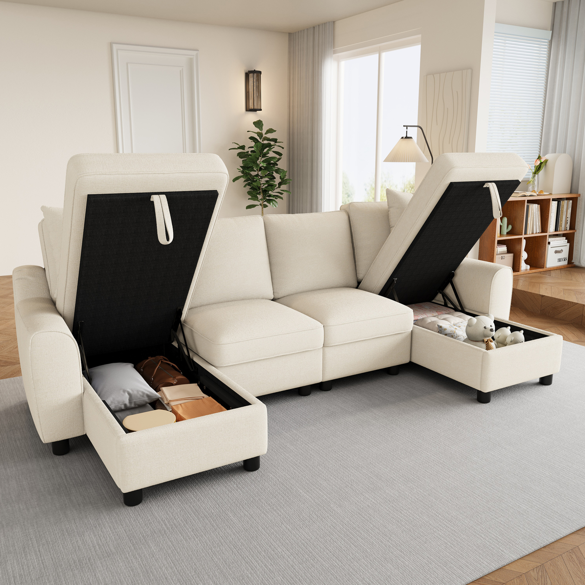 Canapé D'angle U En Chenille Beige 280 × 137 × 84 Cm, 2 Méridiennes, 2 Coussins