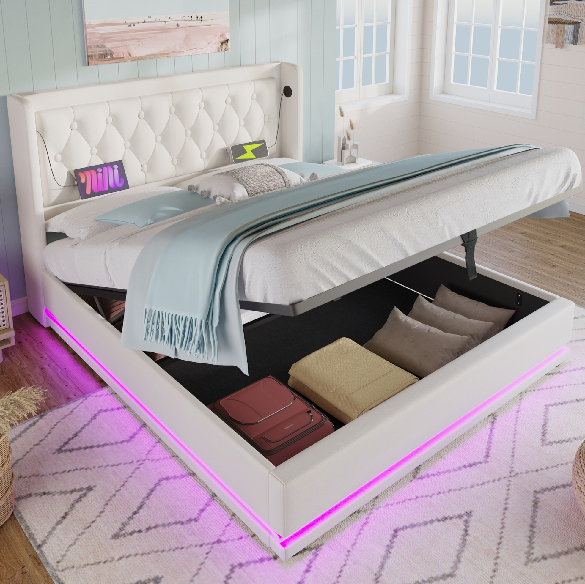 Lit Double Capitonné 180x200 Cm Blanc Pu Avec Rangement Hydraulique, Led 3 Faces Et Usb-c
