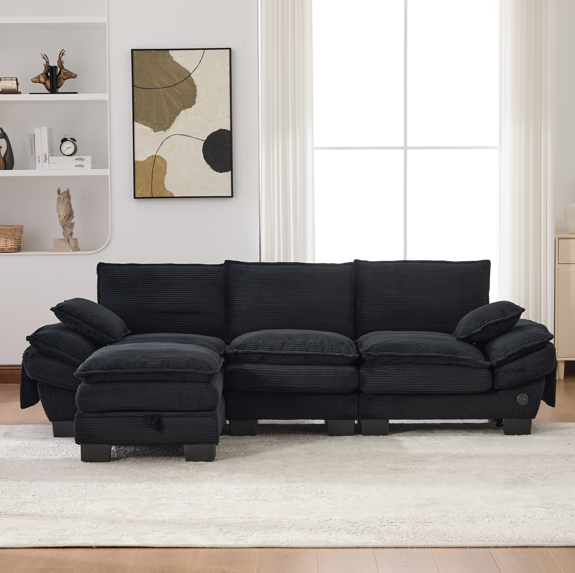 Canapé Modulable 3 Places En Velours Côtelé Noir Avec Pouf, Usb-c, Poches Latérales - Redom