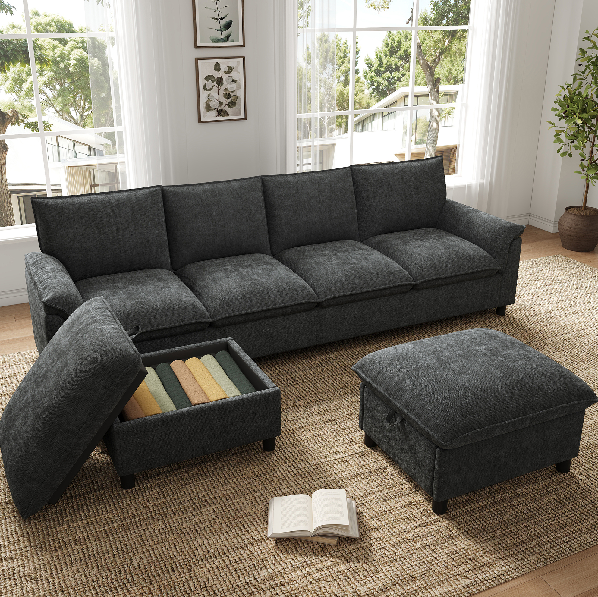 Canapé D'Angle Modulable En U Cloud, 2 Repose-pieds, Chenille Noir, 264,5 X 142,5 X 84 Cm, Redom