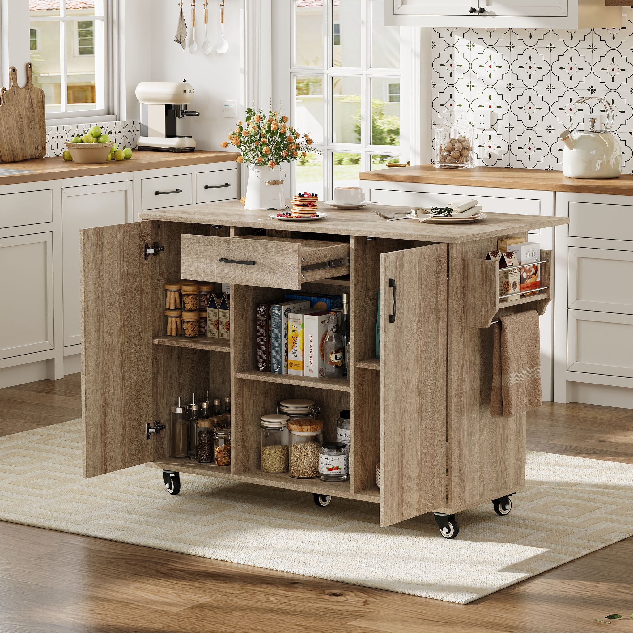 Carrito De Cocina Con Encimera Abatible (92.9x120x43.5 Cm), Cajón, Armarios Y Estantes, Mdf, Natural