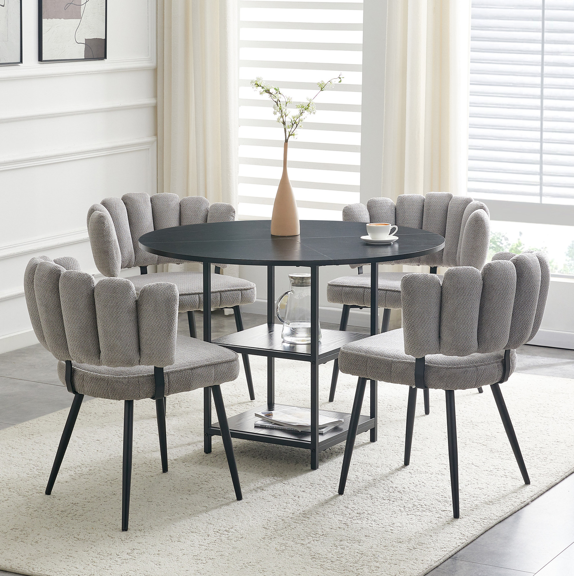 Ensemble Table À Manger Ronde 107 Cm Avec 4 Chaises Grises, Rangement Double, Mdf Métal