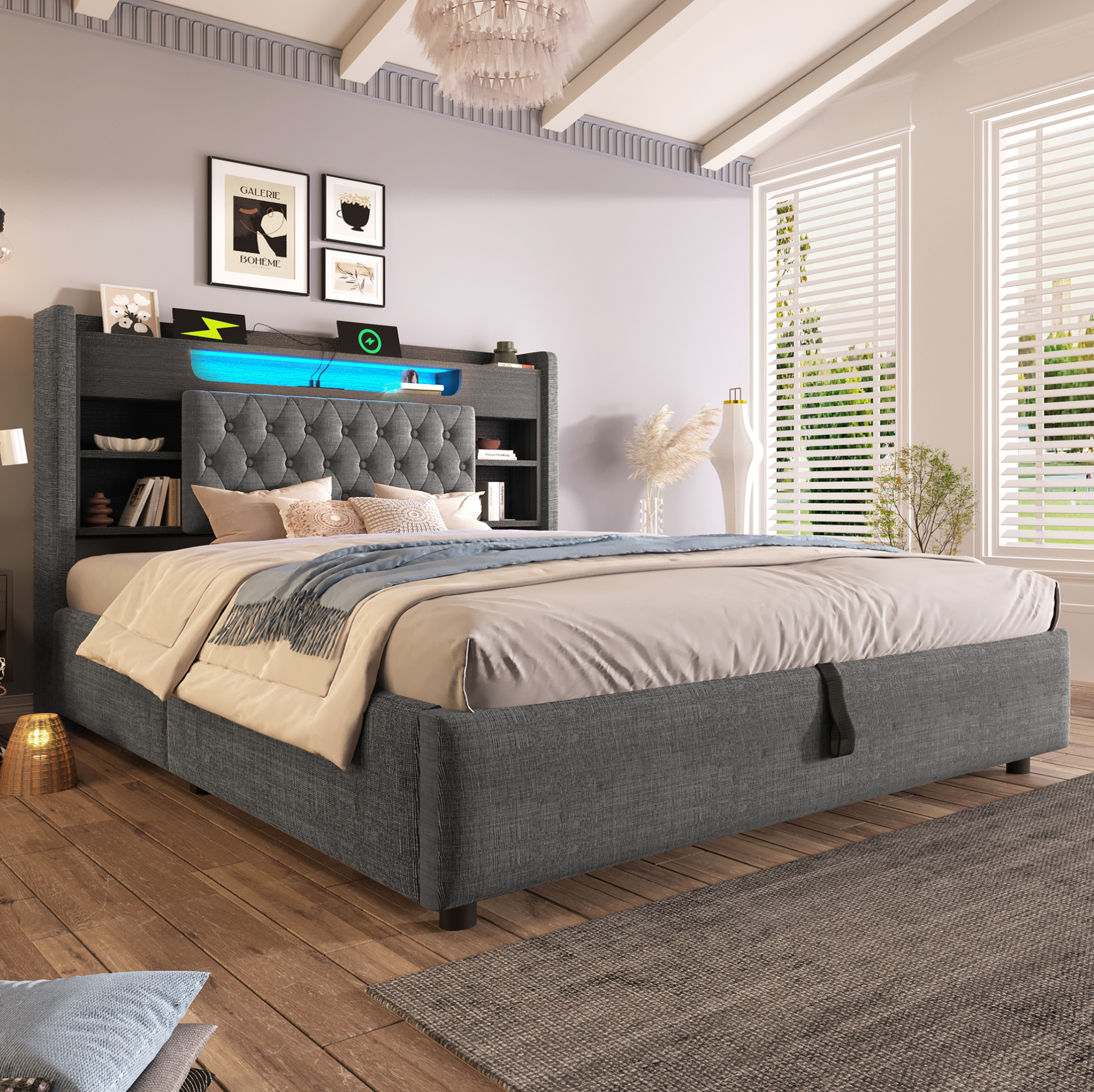 Lit Coffre 180x200 Cm Avec Led, Recharge Usb/usb-c, Tête De Lit Avec Étagère, Lin Gris