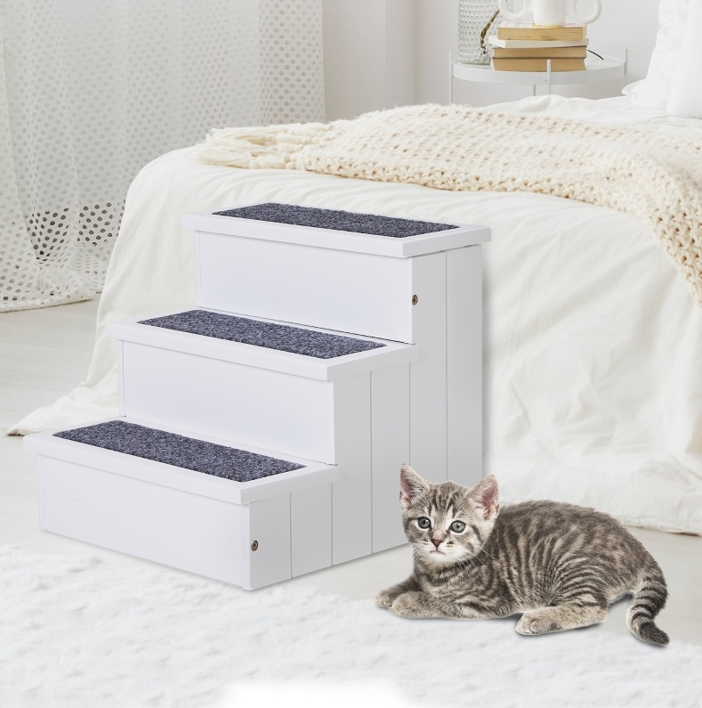 Escalier Pour Animaux À 3 Marches Avec Rangement, Bois Blanc 40,5 X 44,5 X 38 Cm
