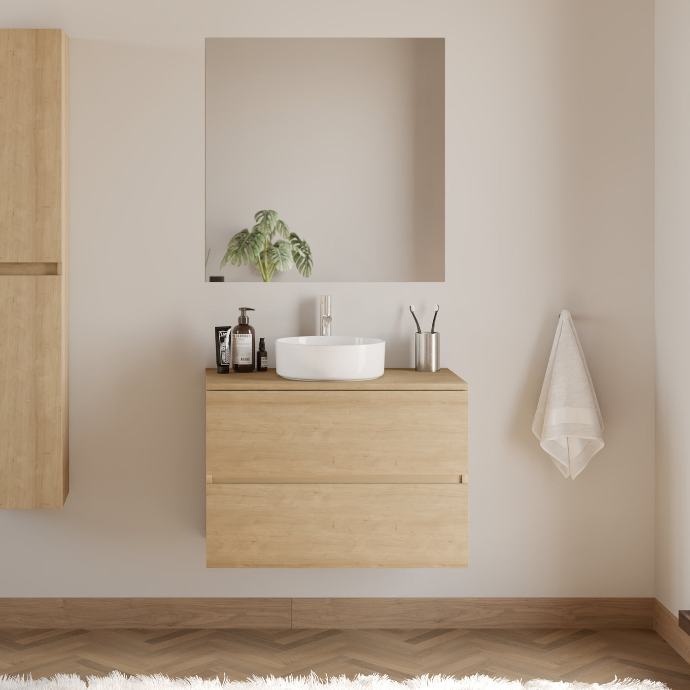Meuble De Salle De Bain 80cm Avec Plateau Et Vasque À Poser Ronde - 2 Tiroirs - Nebraska (chêne Clair) - Ida