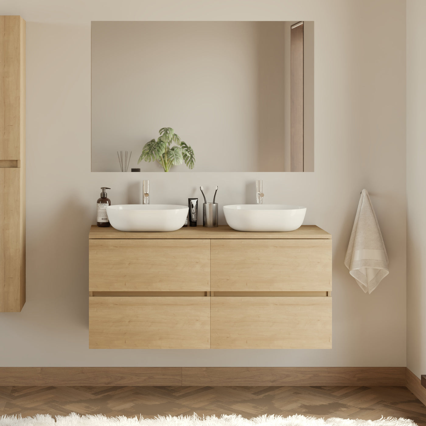 Meuble De Salle De Bain 140cm Avec Plateau Et 2 Vasques À Poser Arrondies - 4 Tiroirs - Nebraska (chêne Clair) - Ida