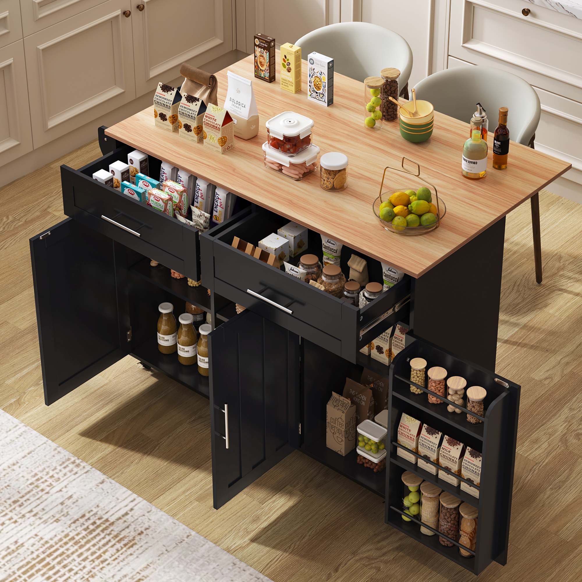 Chariot De Cuisine 129x71x91.5 Cm, Plateau Rabattable, Grands Rangements, Mdf, Noir Et Naturel
