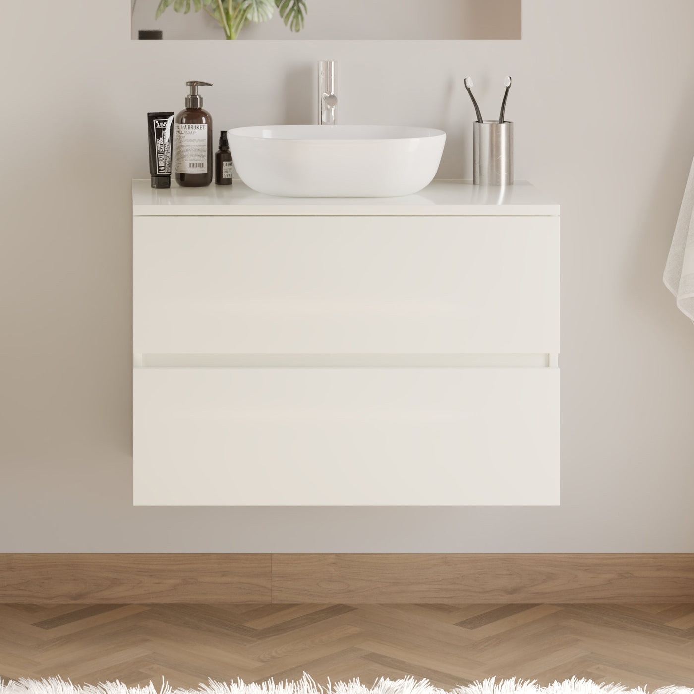 Meuble De Salle De Bain 80cm Avec Plateau Et Vasque À Poser Arrondie - 2 Tiroirs - Sans Miroir - Blanc Brillant - Ida