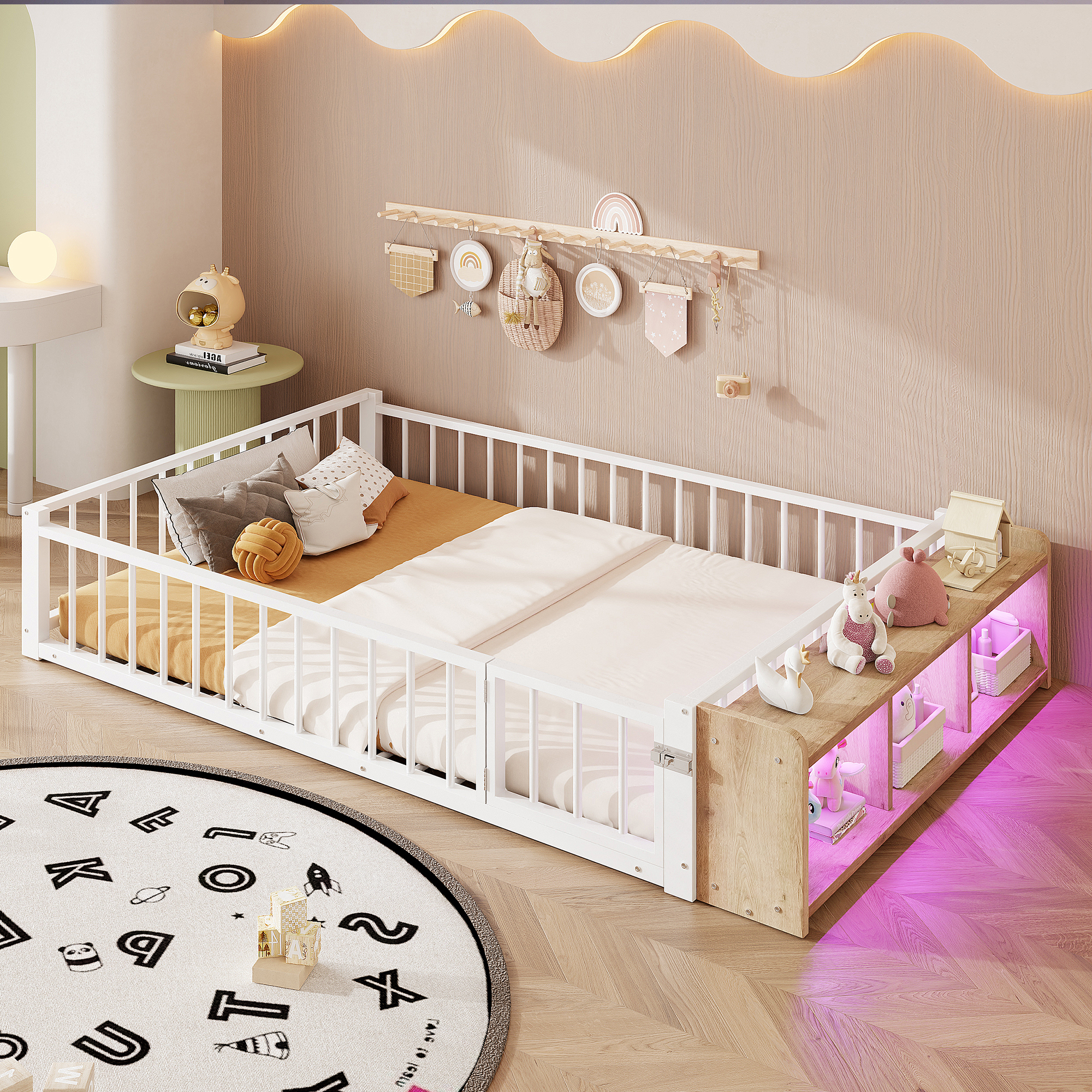 Redom Lit Enfant 140x200 Cm Avec Rangement Ouvert Et Garde Corps Métal Et Mdf Blanc (sans Matelas)