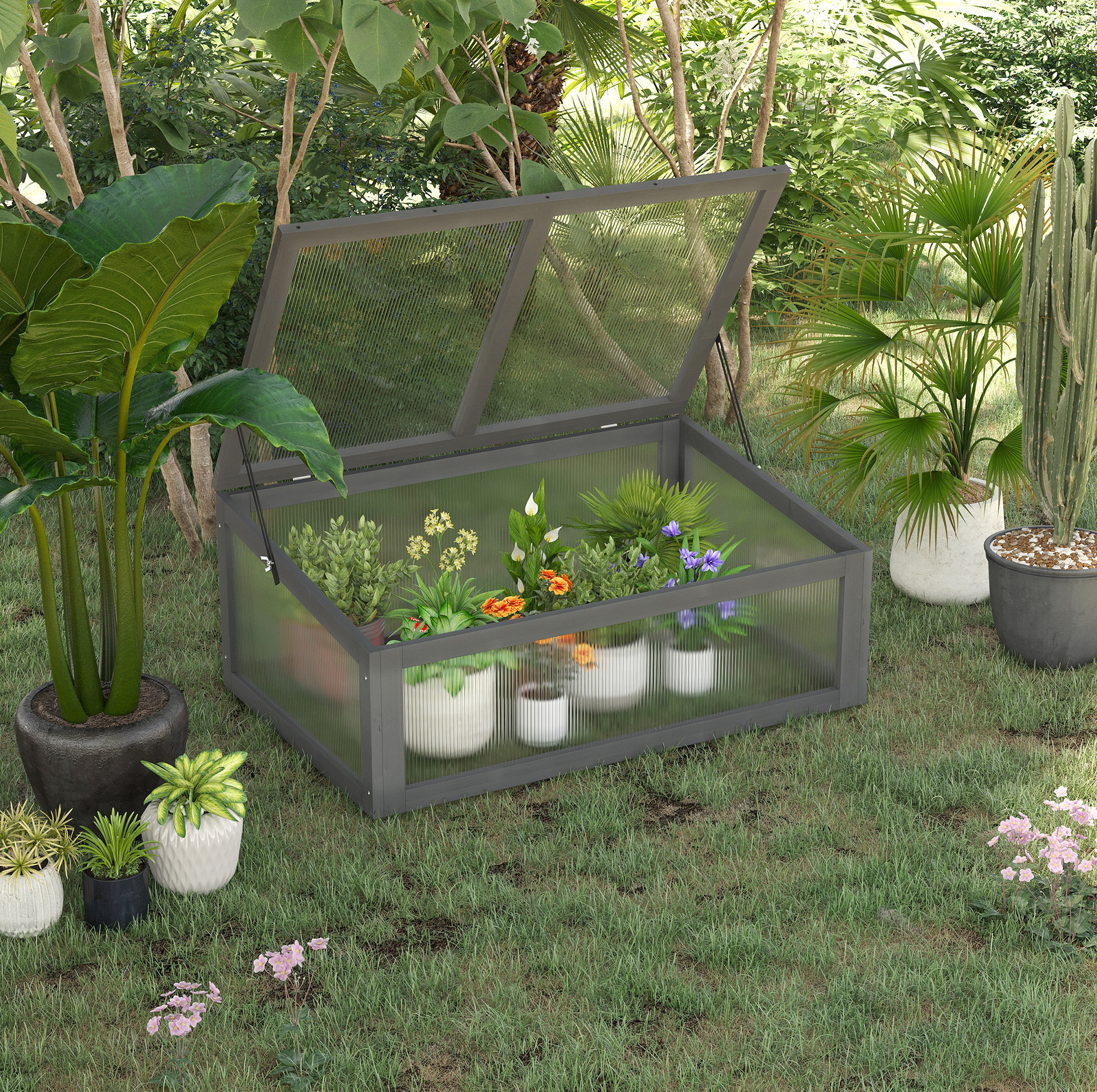 Mini Serre En Bois Gris 100 X 65 X 40 Cm, Couvercle Ouvrant, Protection Uv