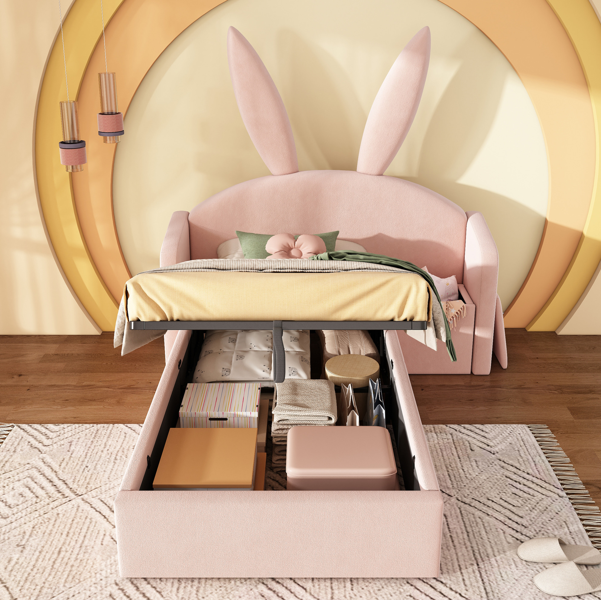 Lit Enfant Rembourré Rose 90x190 Cm Avec Tête De Lit Lapin, Rangement Et Chevet, Velours