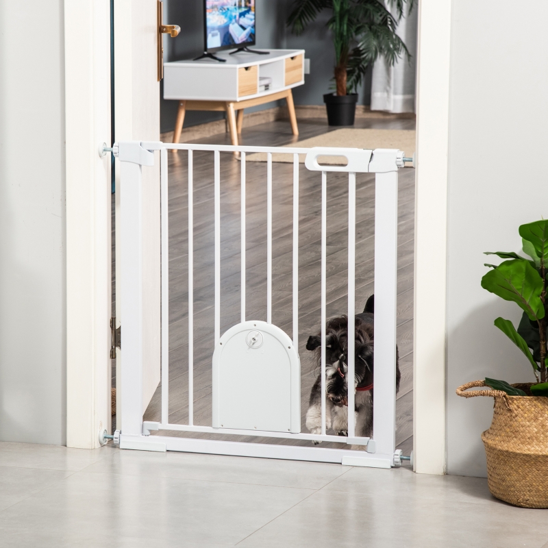 Barrière De Sécurité Pour Animaux Réglable Avec Petite Porte, Acier Et Plastique, Blanc