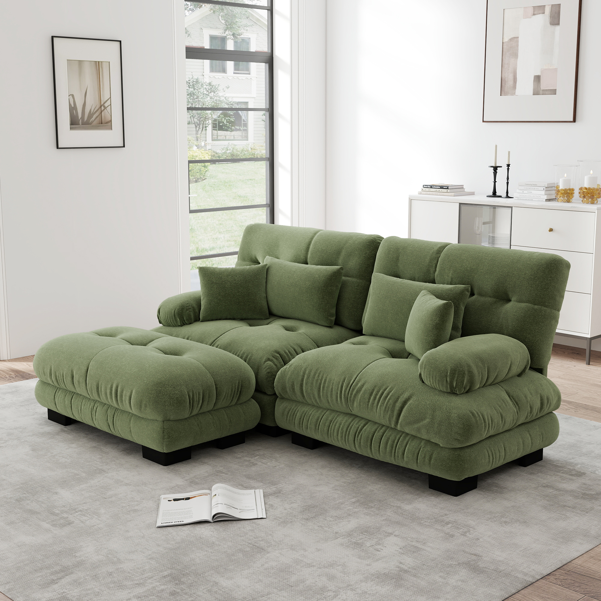 Redom Canapé Modulaire Avec Ottomans Mobiles, Accoudoirs Rembourrés Larges, Coussins Décoratifs, Chenille Verte