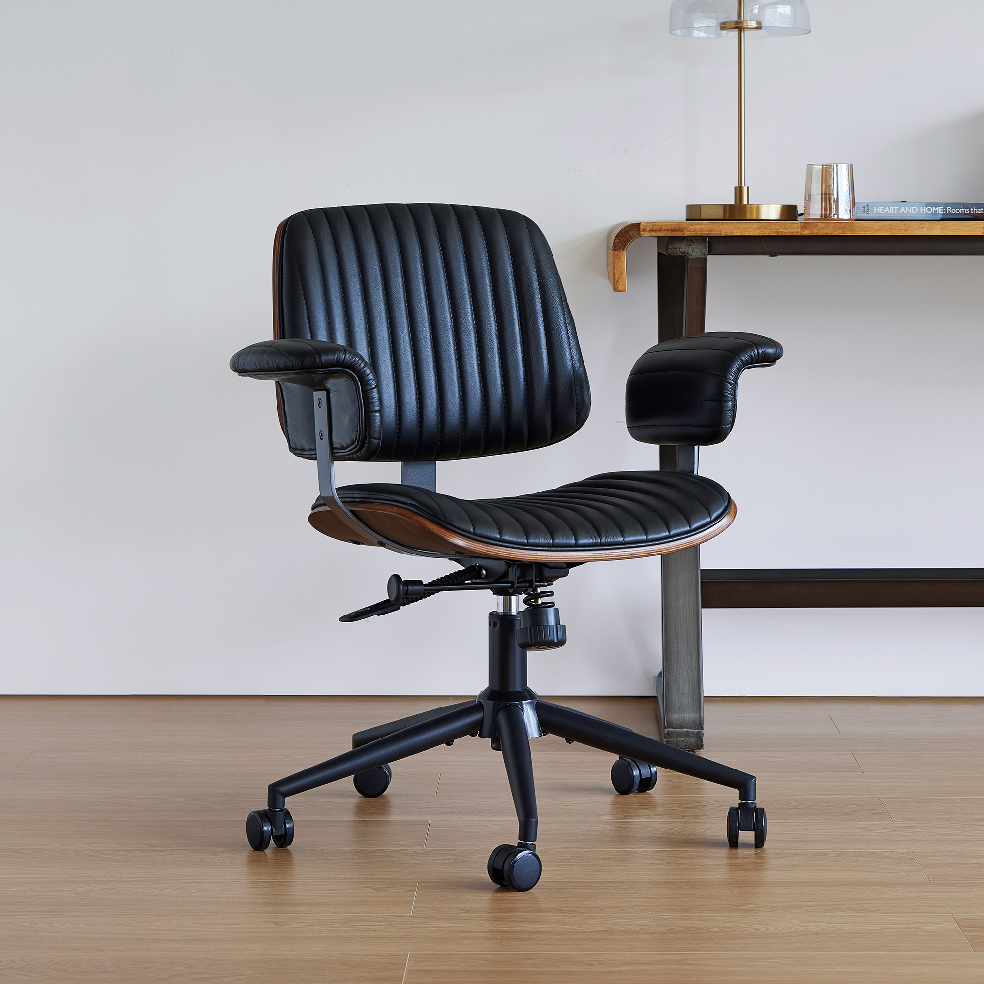 Chaise De Bureau En Cuir Véritable, Accoudoirs Rembourrés, Base Métallique, Noire