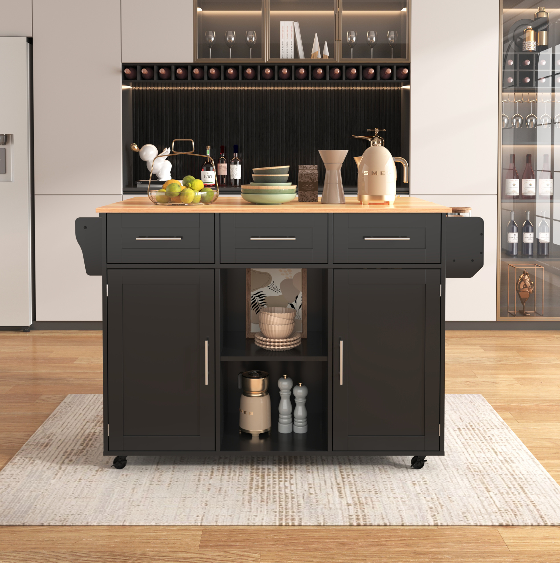 Chariot De Cuisine 139x46(71)x91,5 Cm, Plateau Rabattable, Noir Et Bois, Sur Roulettes