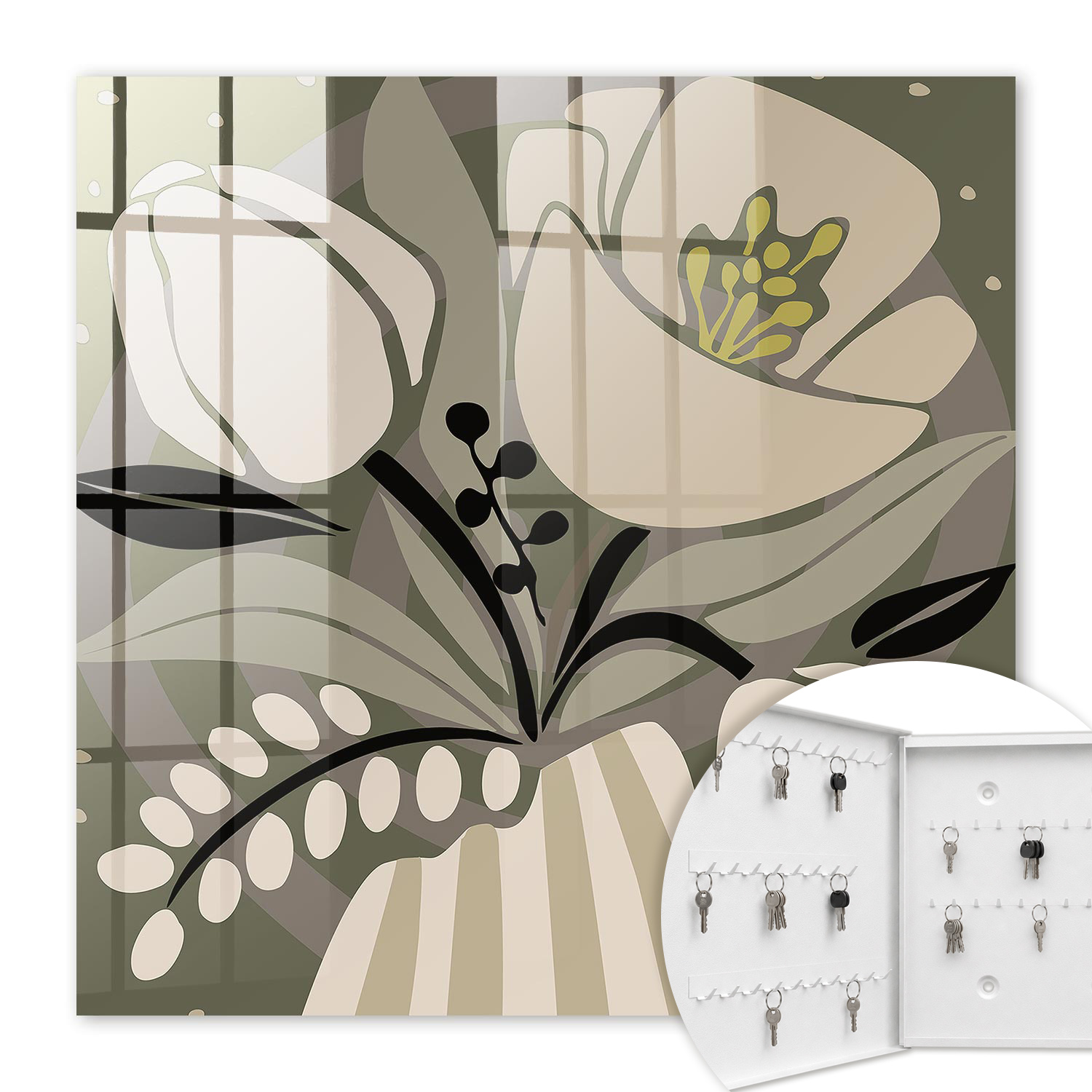 Armoire À Clés - (30 Cm X 30 Cm) - Boîte À Clés Murale - Coffret De Rangement Pour Clés - Couleur Blanche - Ouverture Vers La Gauche - Pour Maison Et Bureau - Fleurs Beiges