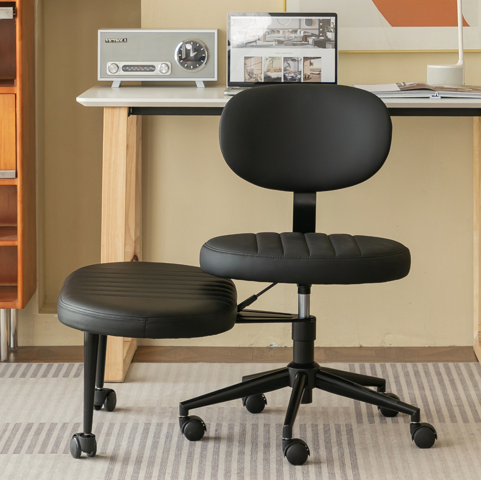 Chaise De Bureau En Tissu Noir, Pivotante 360° Avec Repose-pieds Intégré, Réglable
