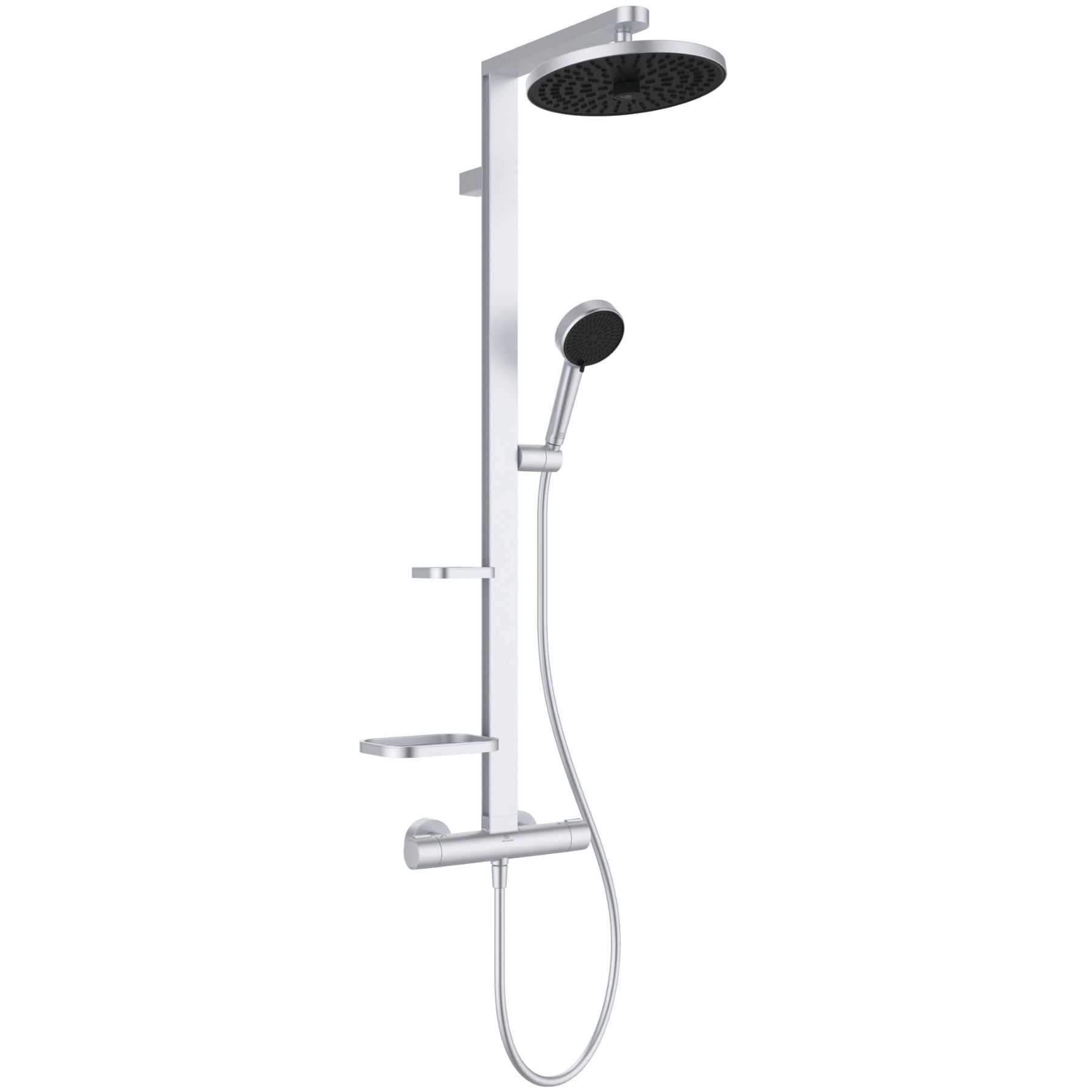 Ideal Standard Alu+ Colonne De Douche Thermostatique Ø260mm 2 Jets + Douchette 2 Jets + 2 Tablettes Argent Brossé