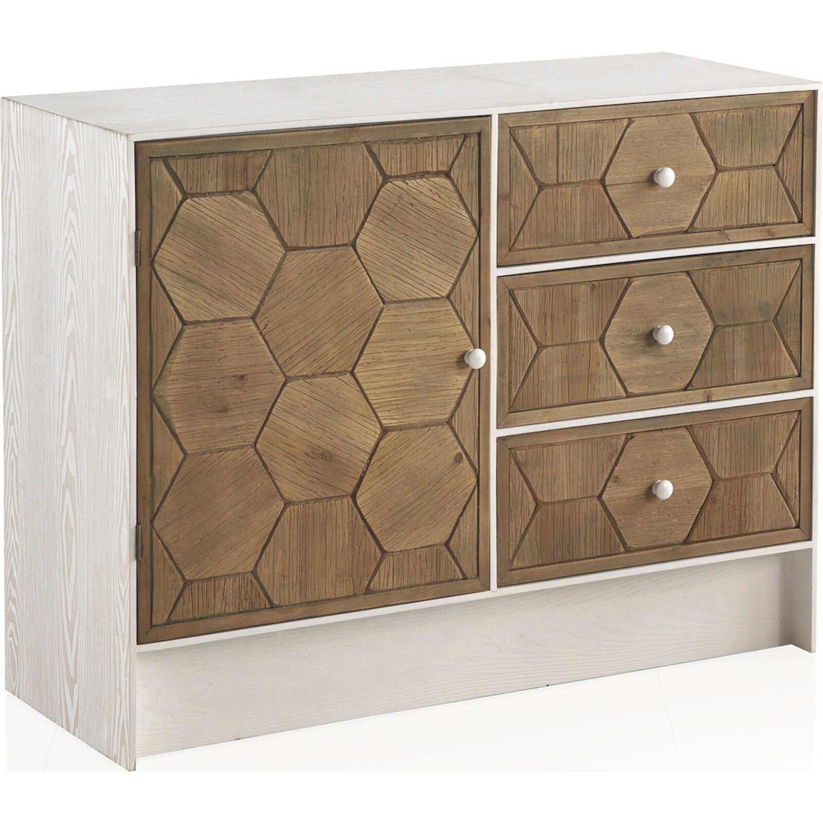 Commode Blanche Bois De Frêne Porte Et Tiroirs Décor Hexagonal - Blanc Vieilli Et Bois Naturel
