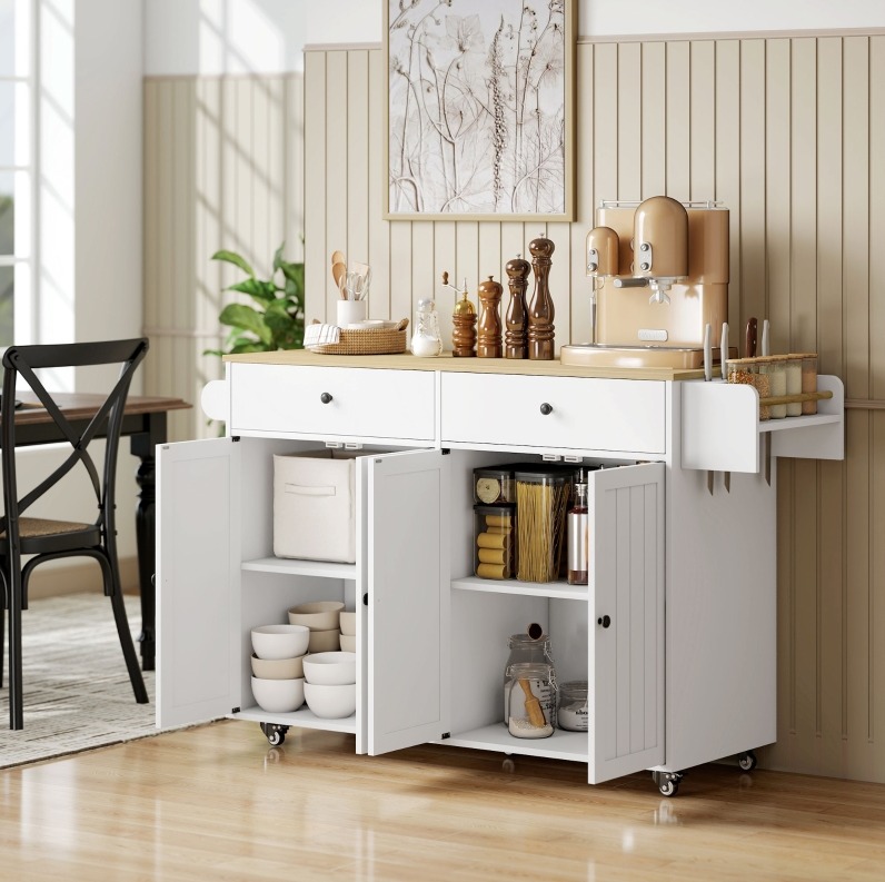 Redom - Îlot De Cuisine, 2 Armoires, 2 Tiroirs, Porte-serviettes, Porte-couteaux, Range-épices, Mdf Blanc