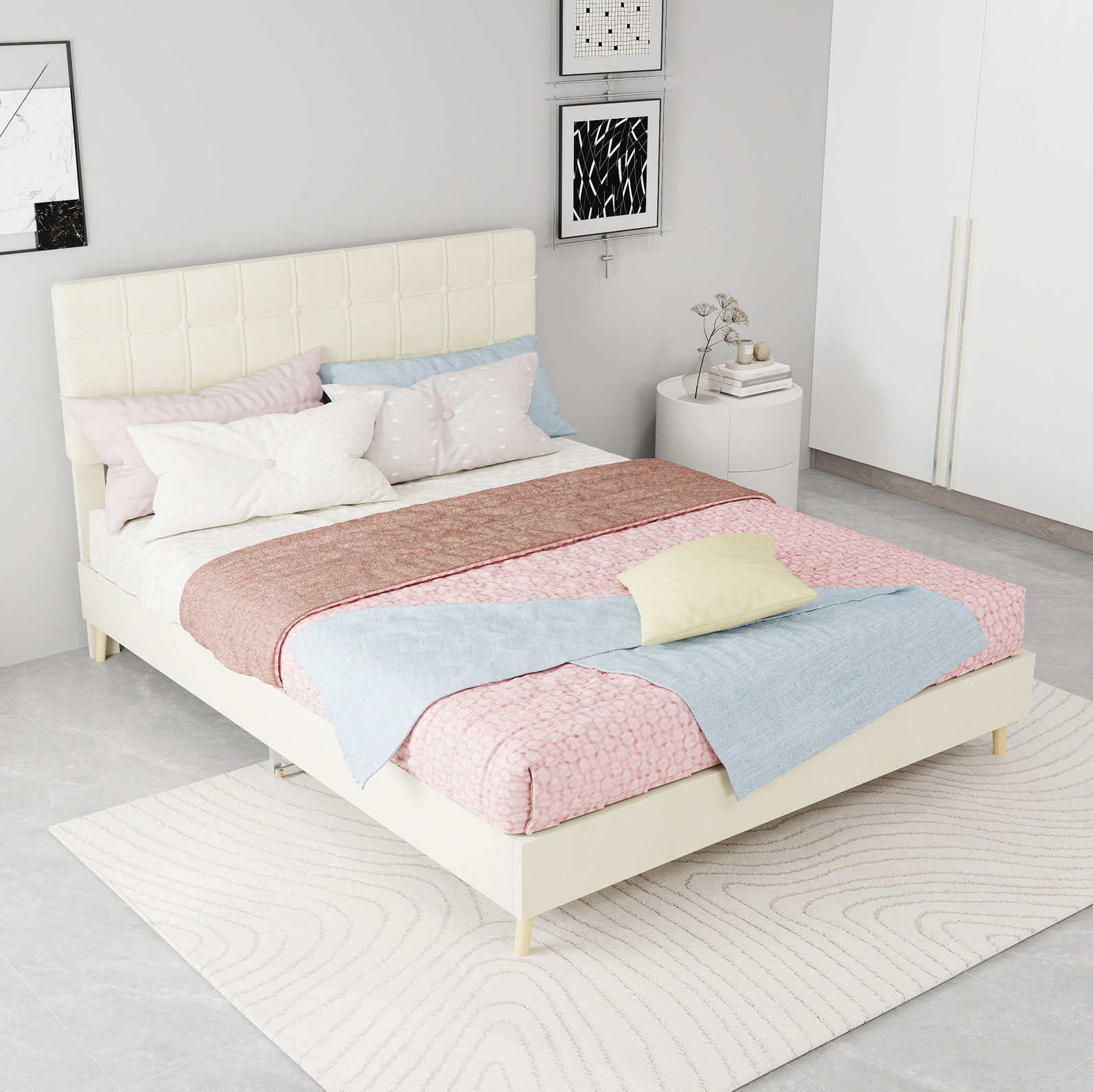 Cama Tapizada 140x200 Cm, Cabecero Acolchado De Cuadros, Patas De Madera, Terciopelo Beige