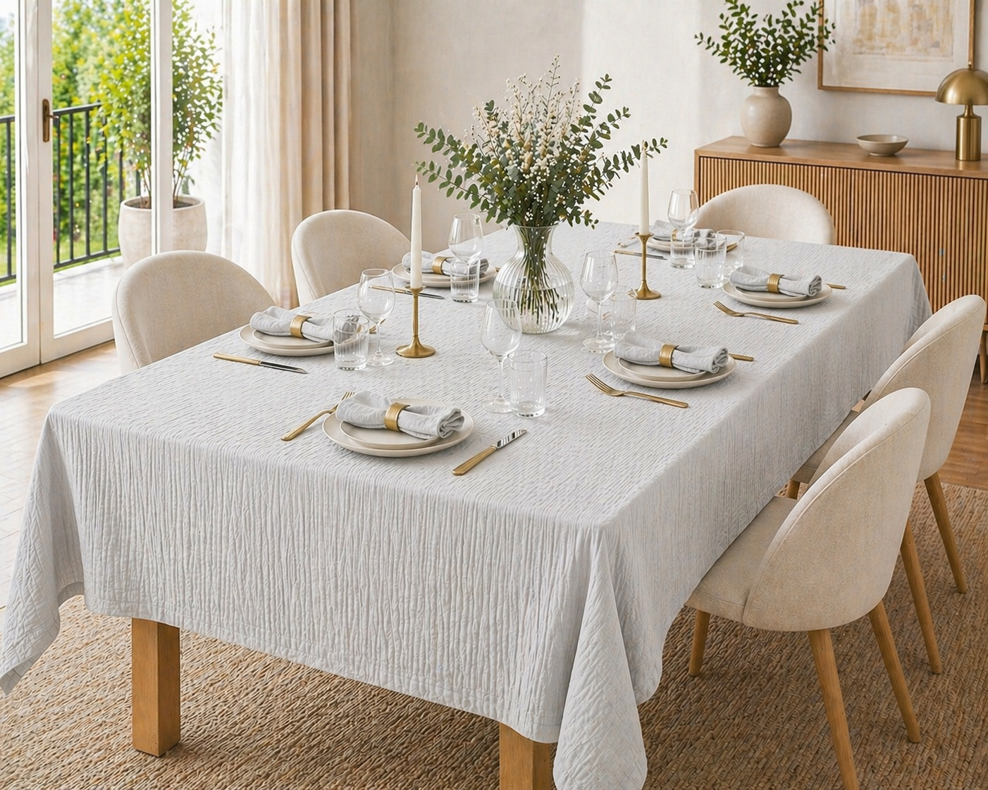 Nappe Rectangle 150 X 350 Cm + 6 Serviettes De Table - Double Gaze De Coton Gaïa Nuage