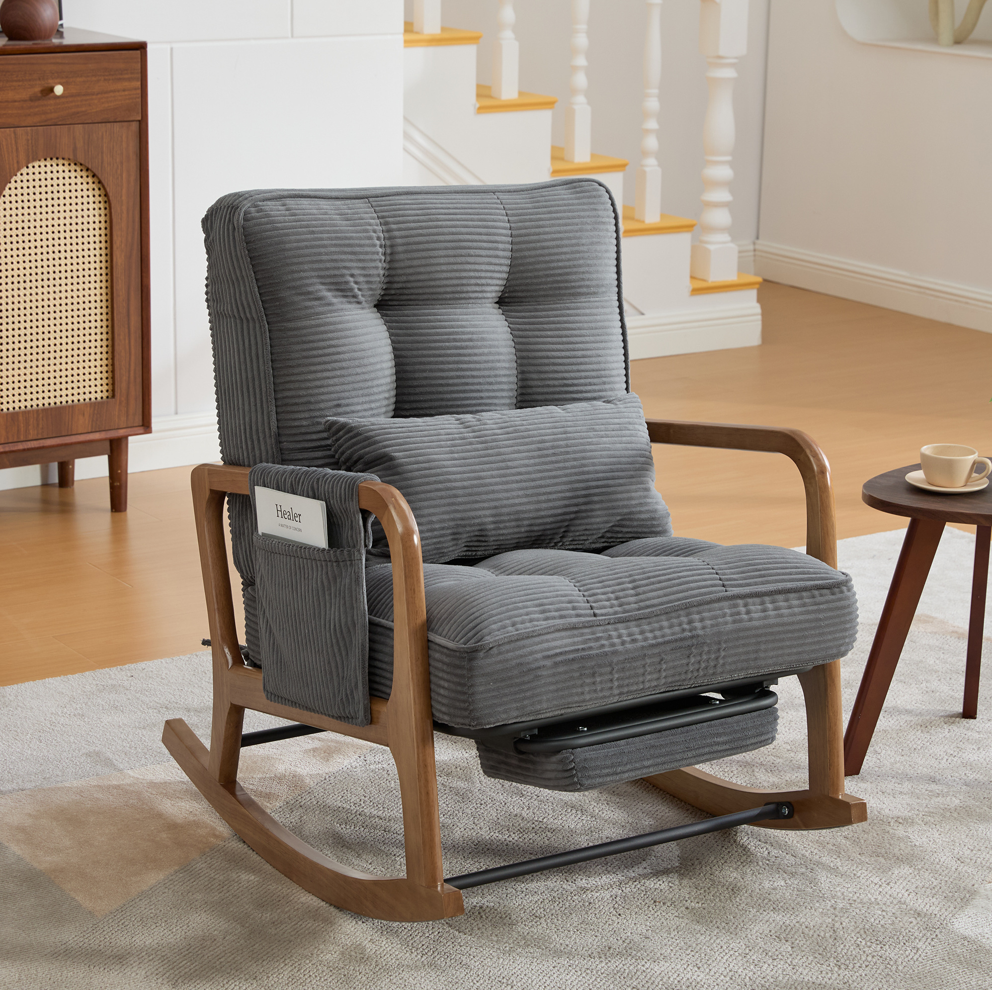 Rocking Chair Moderne Avec Repose-pieds, Tissu Gris, Coussin Lombaire Et Dossier Réglable