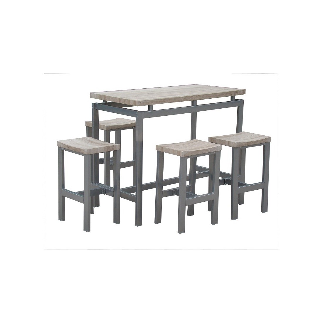 Meublorama - Ensemble Design Table Haute, Bar + 4 Tabourets Le Mans. Set Moderne Type Industriel, Bois Et Métal.