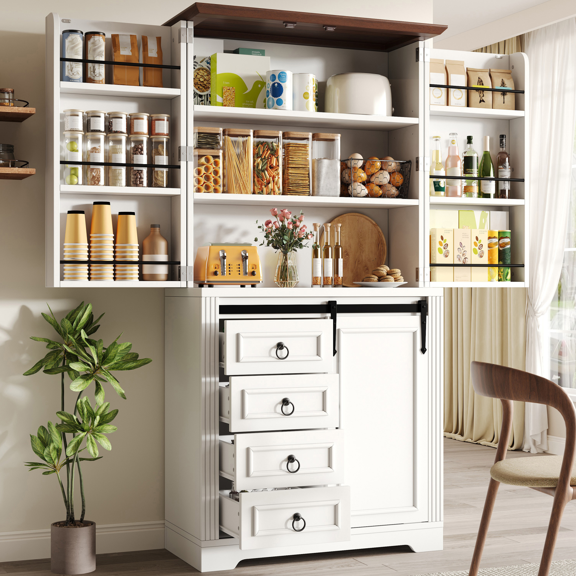 Haut Meuble De Cuisine Blanc Avec Anti-basculement, 4 Tiroirs, Étagères Réglables, 180 Cm