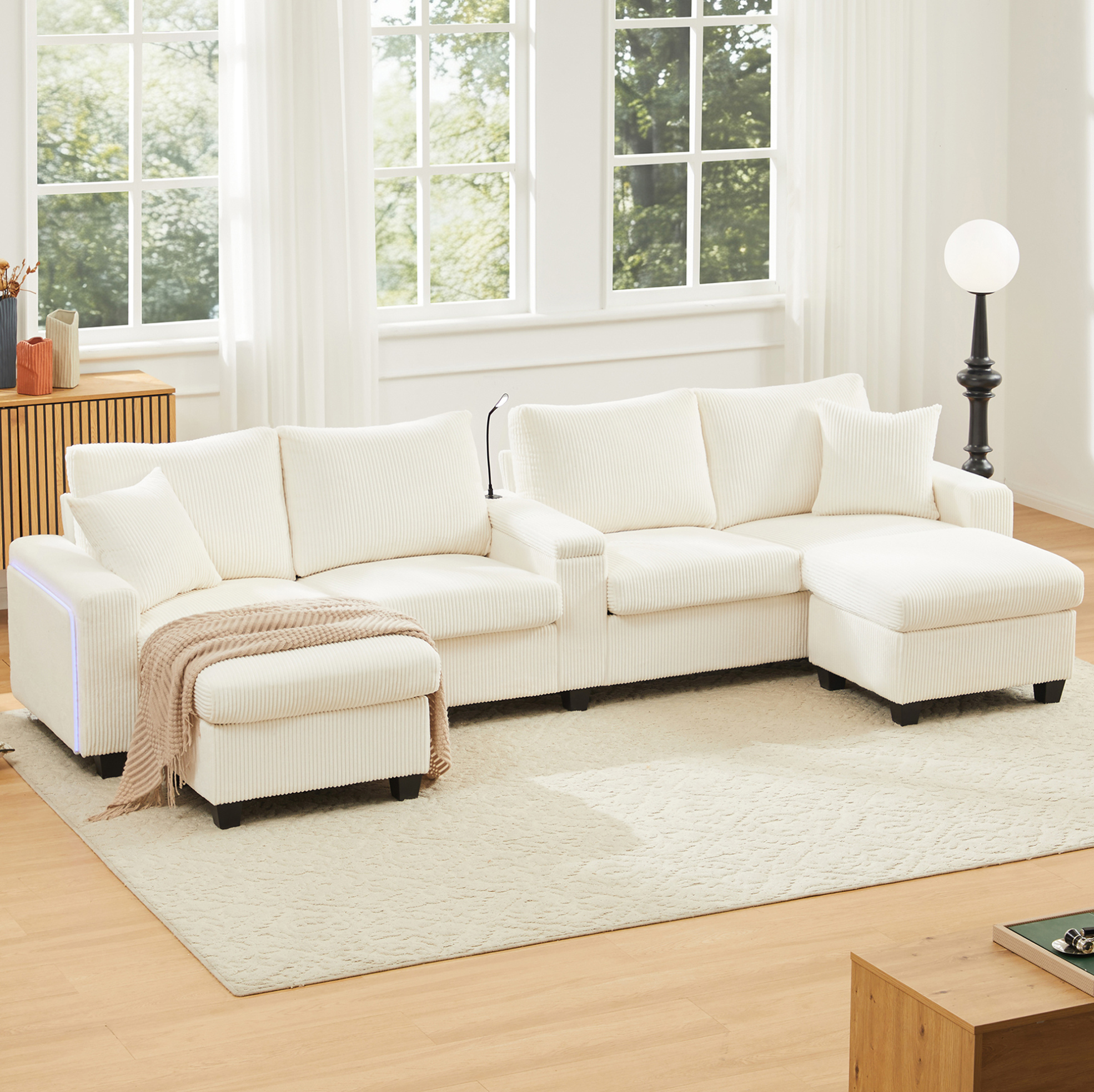Redom - Canapé En U 334x128.5x81 Cm Avec 2 Poufs, Lampe De Lecture, Ports Usb Et Type C, Velours Côtelé Beige