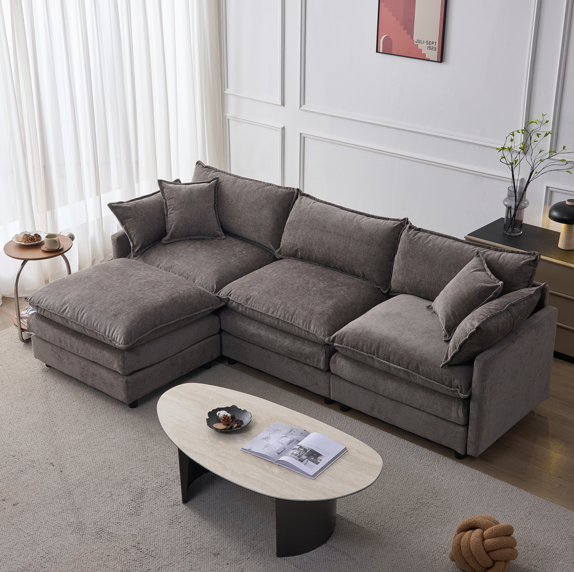 Canapé D'angle Modulable En Chenille Gris 3 Places Avec Chaise Longue Et Pouf Redom