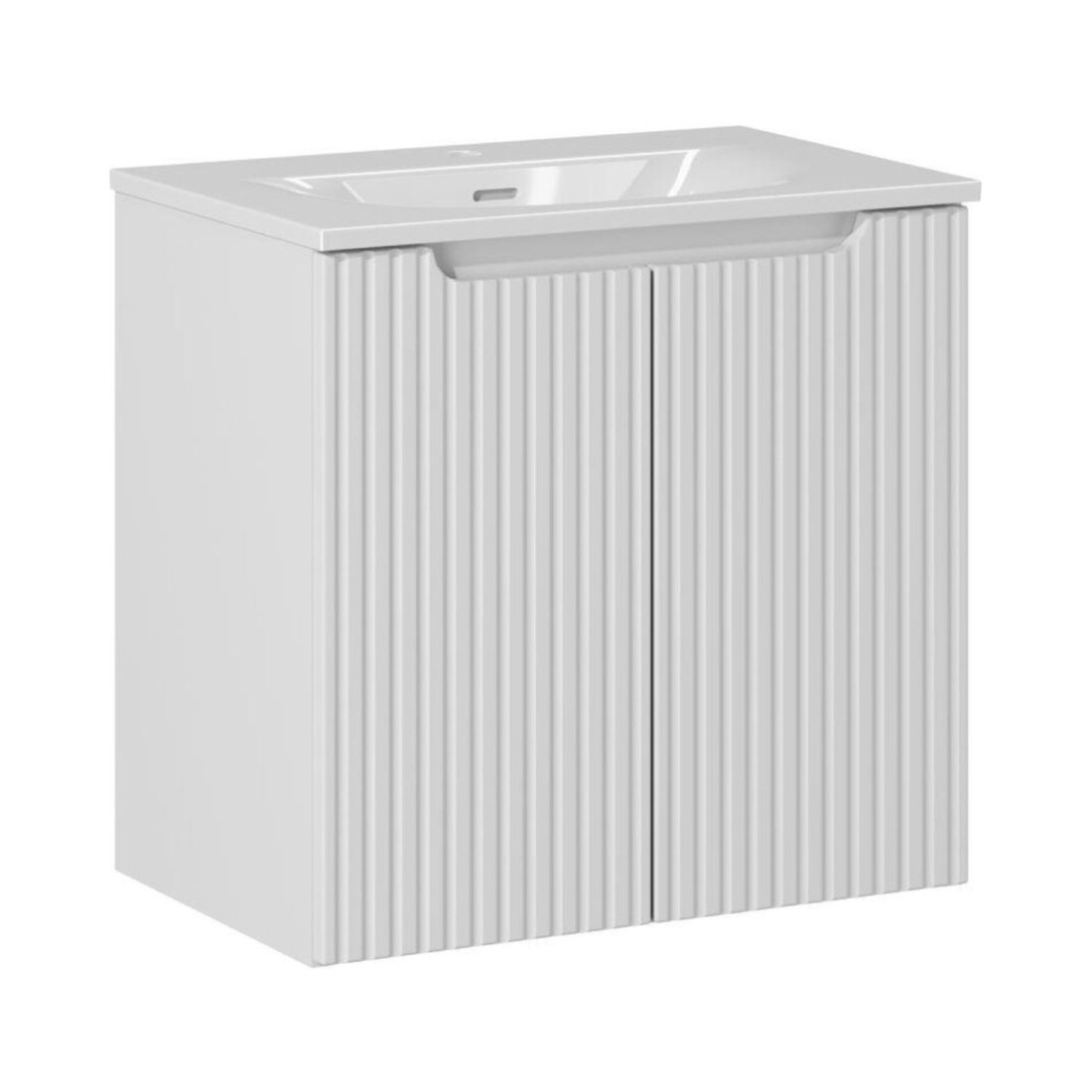 Ensemble De Salle De Bain Suspendu Vano Blanc 60cm: Meuble Sous Vasque À Placards Rainuré + Vasque Encastrée Blanche